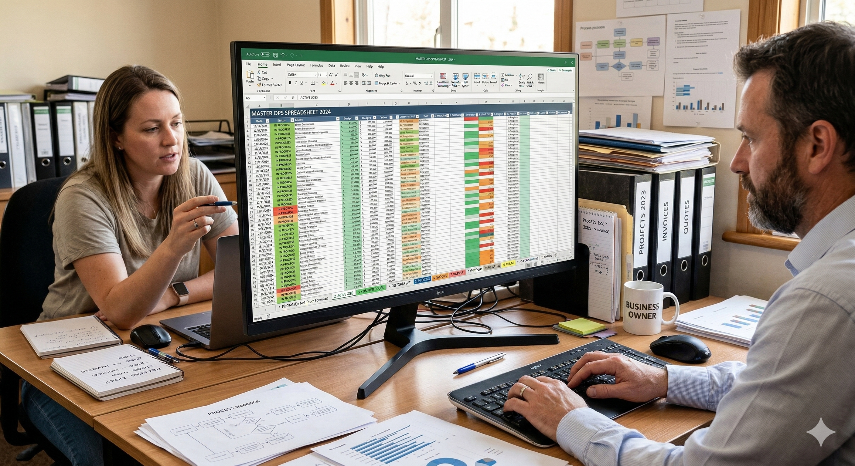 Two people reviewing a complex master ops spreadsheet on a large monitor in a small business office