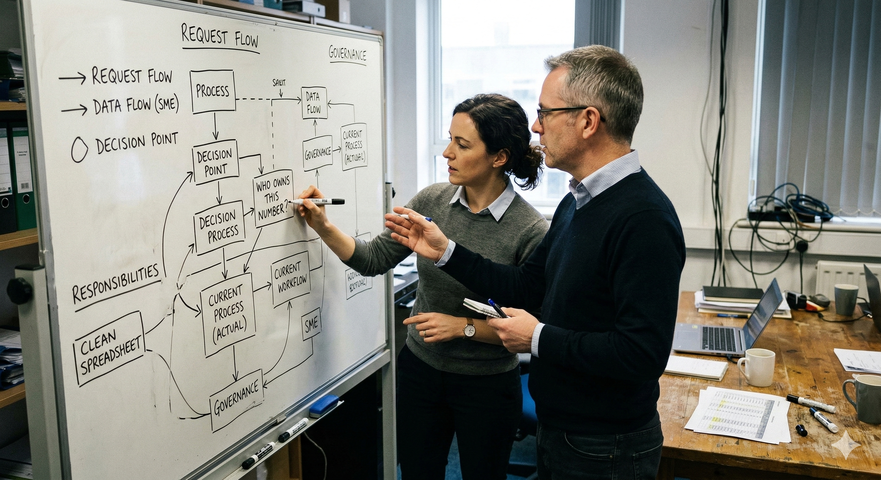 Two people at a whiteboard mapping out request flow, data flow, and governance for an SME